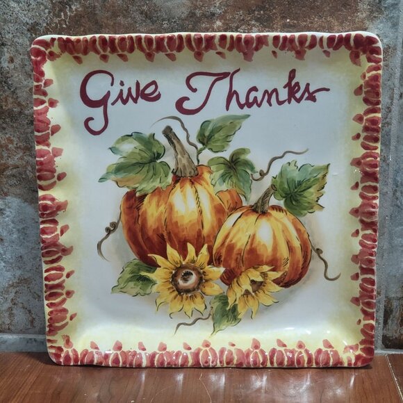 Pumpkin Sunflower Give Thanks Serving Platter Ceramic - Picture 1 of 10